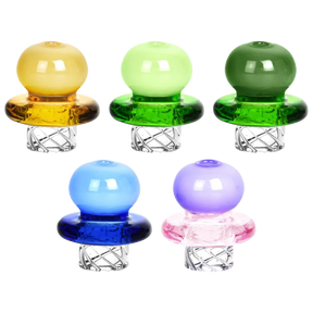 Assorted colors Ball Matrix 32mm Glass Carb Caps for concentrates, front view on white background