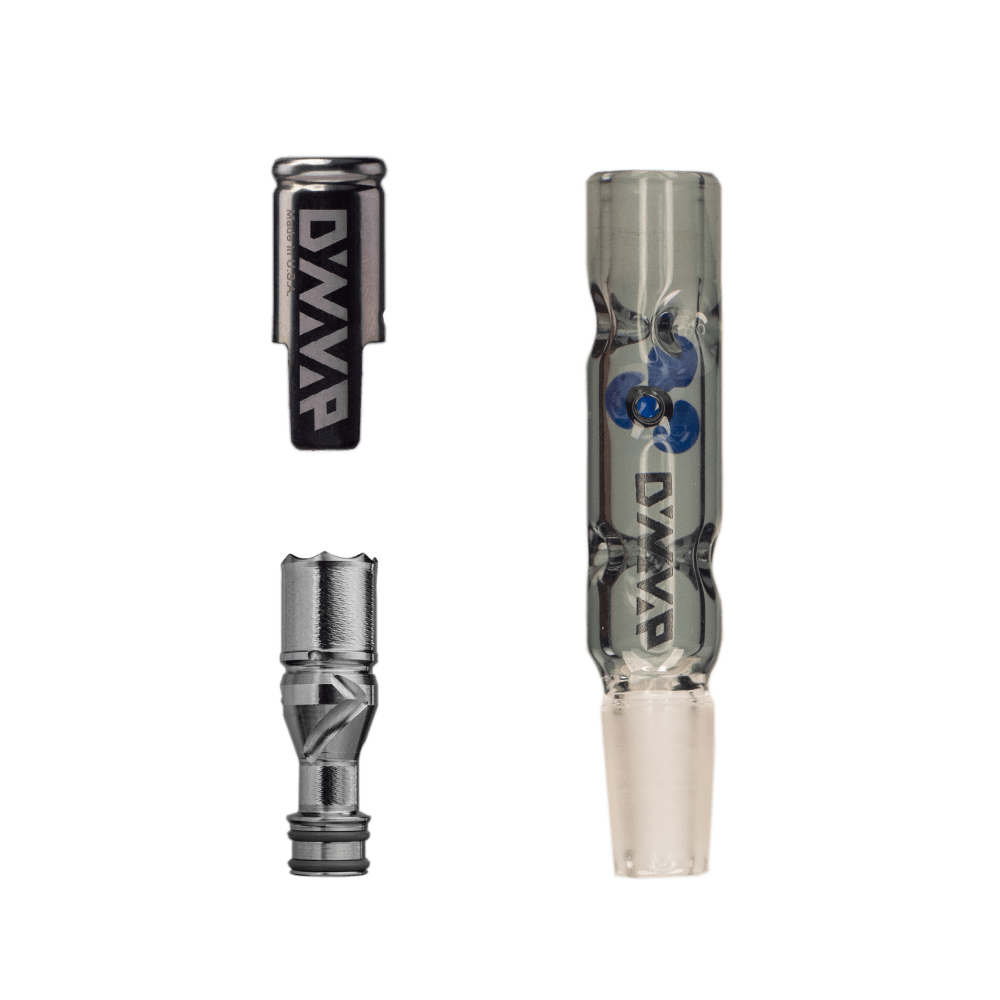 DynaVap BB3 vaporizer with glass body and metal cap, disassembled view on white background