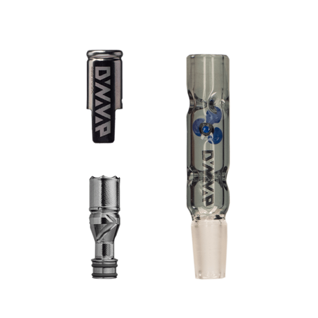 DynaVap BB3 vaporizer with glass body and metal cap, disassembled view on white background