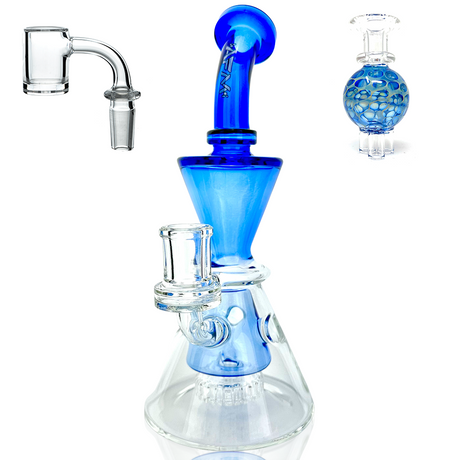 AFM 9" Swiss Cheese Glass Dab Rig with Quartz Banger, Clear and Blue, Angled View