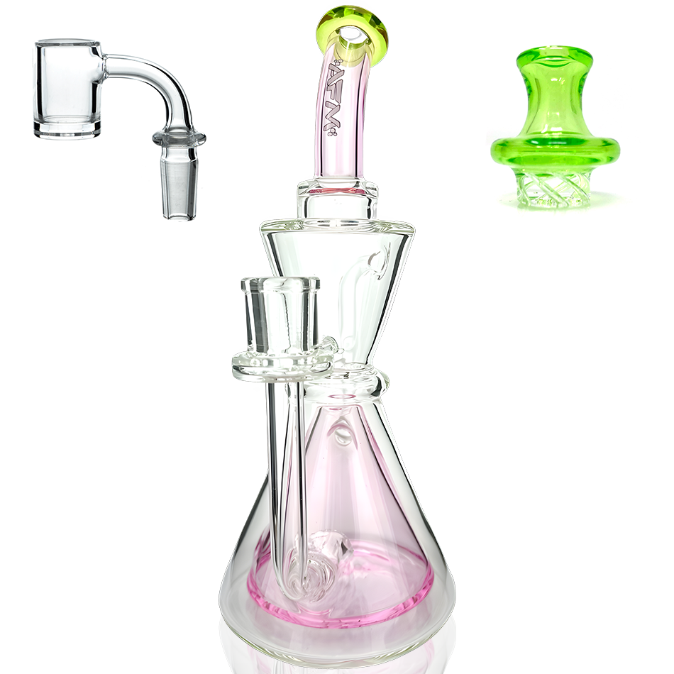 AFM 9" Pyramid Perc Glass Recycler Dab Rig with Quartz Banger & Carb Cap, Front View