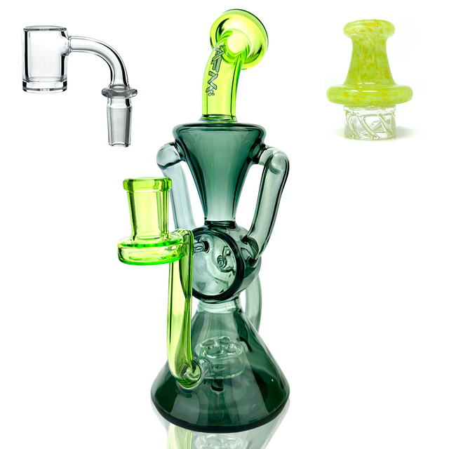 AFM Virgo Glass Recycler Dab Rig with Quartz Banger, 8.5" tall, featuring Borosilicate glass and colored accents