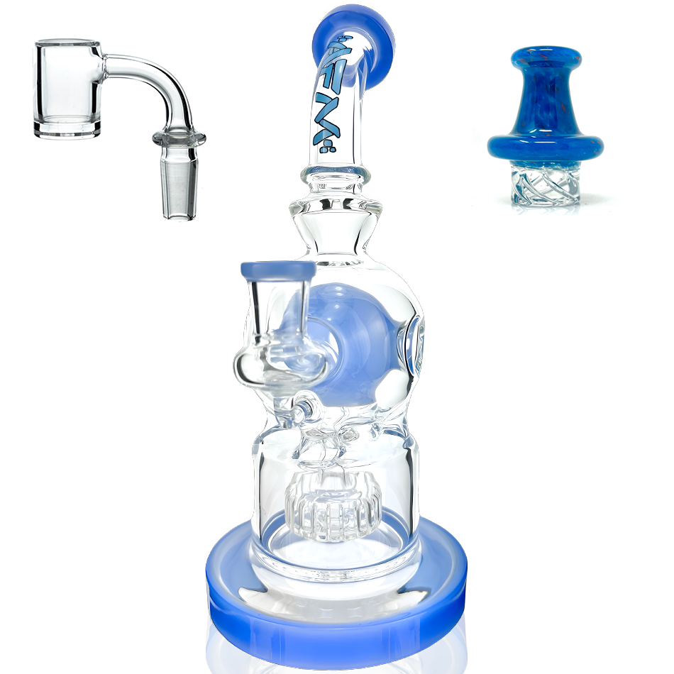 AFM 9" Swiss Shower-head Perc Glass Dab Rig Bundle with Quartz Banger & Carb Cap