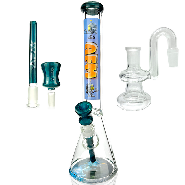 AFM AI God Osiris 9mm Glass Beaker Bong with Ash Catcher, showcasing various components and design details