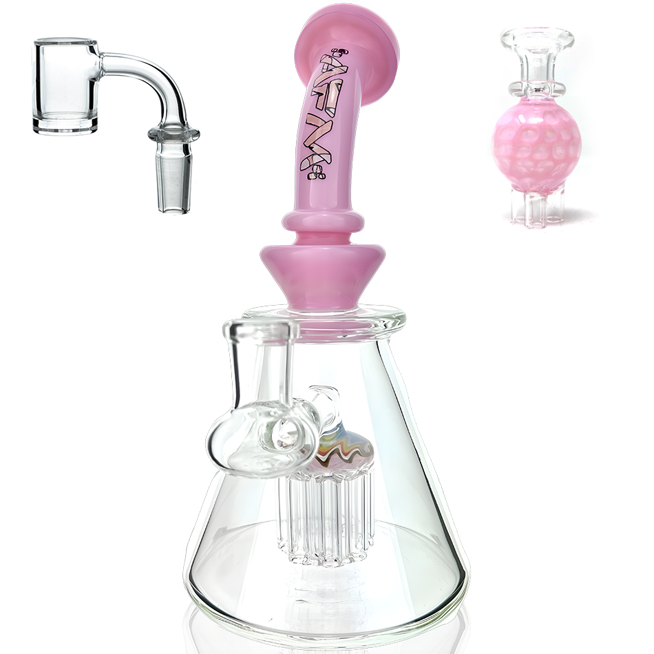 AFM 8" Glass Dab Rig with 8 Arm Perc and Quartz Banger, Pink Reversal Design