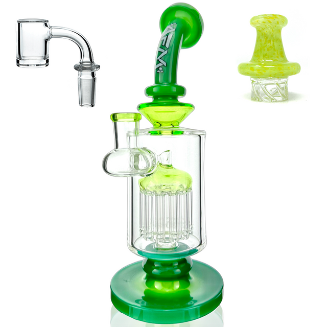 AFM 9" Flex Double Arm Glass Dab Rig with Quartz Banger & Carb Cap in Green