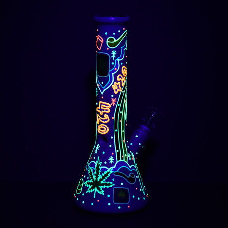 Beach Vibes 420 Painted Glass Beaker Water Pipe, 10" with 14mm Female Joint, Glowing Artwork