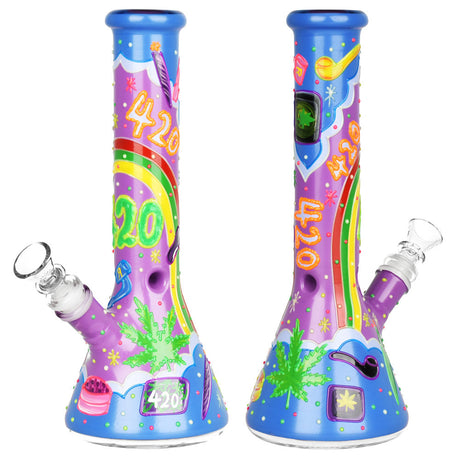 Beach Vibes 420 Painted Glass Beaker Water Pipe, 10" Height, Front and Side Views