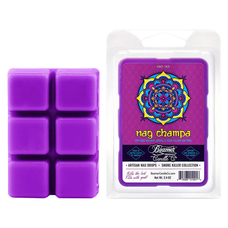 Beamer Candle Co. Nag Champa Artisan Wax Drops in 2.4oz pack, front view with 12 purple cubes