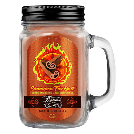 Beamer Candle Co. Cinnamon Fire Ball scented soy wax blend candle in a mason jar with handle, front view