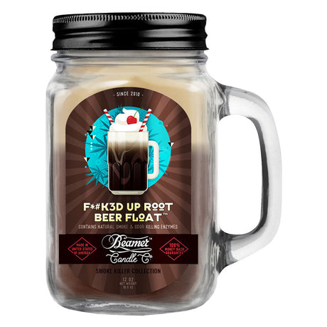 Beamer Candle Co. large mason jar candle with F*#K3D Up Root Beer Float scent, front view on white background
