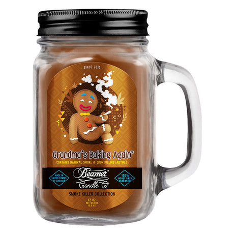Beamer Candle Co. Mason Jar Candle with 'Grandma's Baking Again' label, soy wax blend, front view