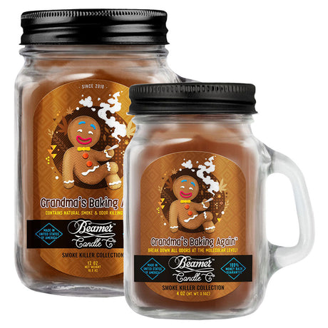 Beamer Candle Co. Mason Jar Candles in large and small sizes with 'Grandma's Baking Again' scent