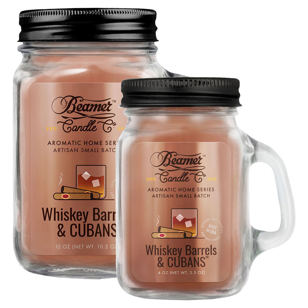 Beamer Candle Co. Mason Jar Candles with Whiskey Barrels & Cubans scent, front view