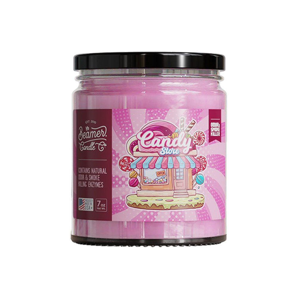 Beamer Candle Co. Candy Store Odor Killer 7oz, clear glass jar with pink label, front view