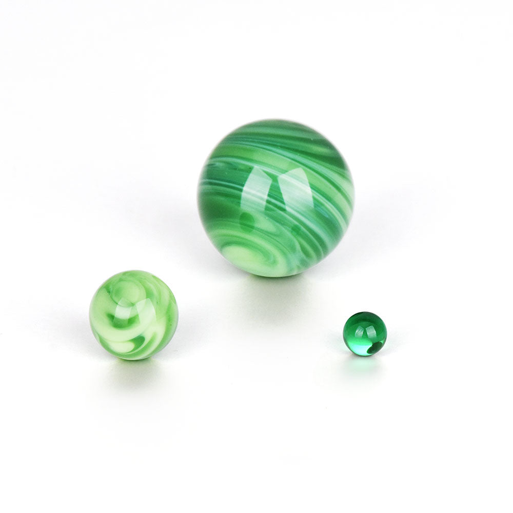 Bear Quartz Marble Set in green swirl design for dab rigs, shown in 22mm, 12mm, and 6mm sizes