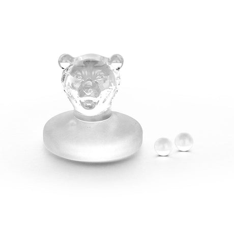 Bear Quartz Saucer Spinner Cap Set, 33mm, for Dab Rigs with two glass pearls on white background