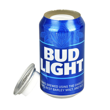 Bud Light Beer Can Diversion Stash Safe, 12oz size, front view with open top revealing storage compartment