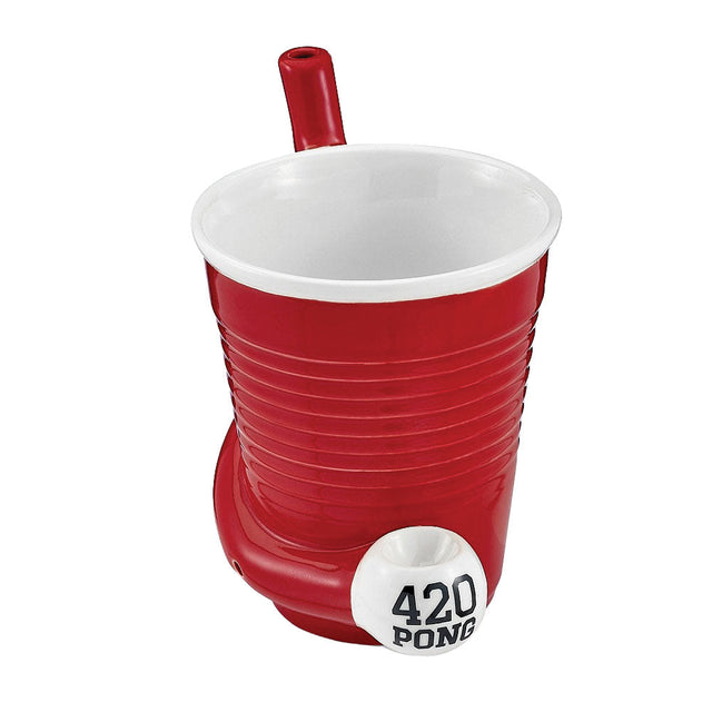 Red Beer Pong Cup Ceramic Pipe for Dry Herbs, Large Novelty Design, Front View