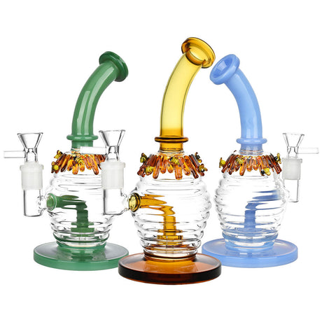 Beez Kneez Honeypot Glass Water Pipes in green, yellow, and blue with disc percolators - front view