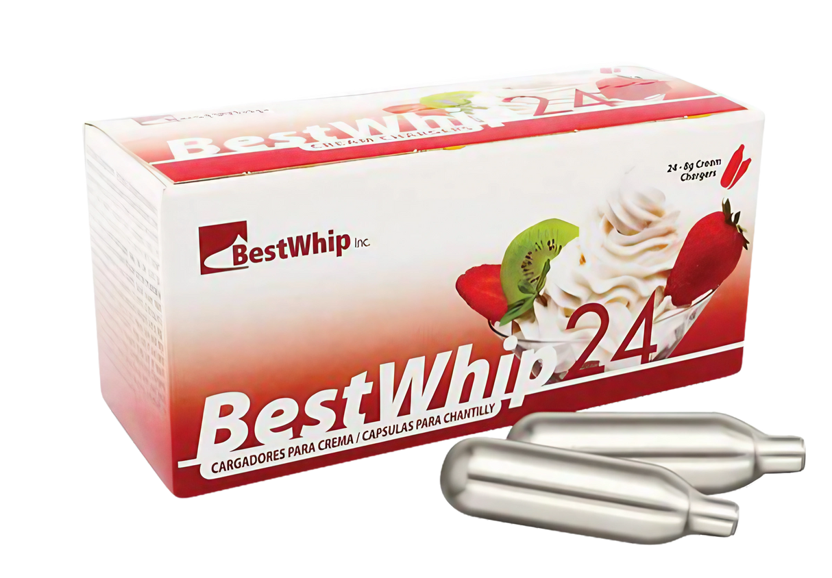Best Whip Cream Chargers 24 Pack, steel, medium size, portable design, angled view with two chargers