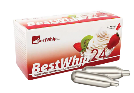 Best Whip Cream Chargers 24 Pack, steel, medium size, portable design, angled view with two chargers