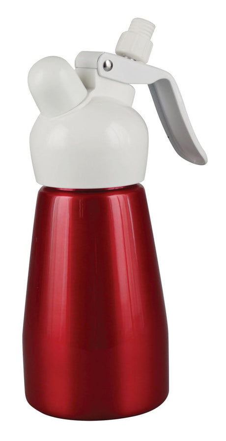 Best Whip Cream Dispenser in red with steel body and nozzle attachments, front view on white background