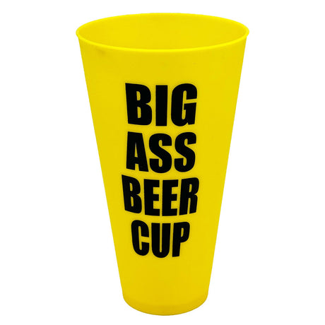 Extra Large 42oz Yellow Plastic Beer Cup with "BIG ASS BEER CUP" Text - Front View