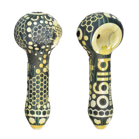 BIIGO 4.5" Honeycomb In Relief Spoon Pipe, Black/Yellow Borosilicate Glass, Front and Side Views