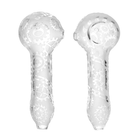 BIIGO Etched Gears Spoon Pipe, Frosted Borosilicate Glass, 4.5" for Dry Herbs, Front and Side View