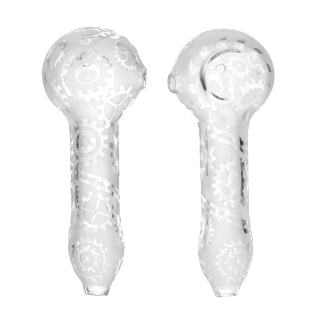 BIIGO Etched Gears Spoon Pipe, Frosted Borosilicate Glass, 4.5" for Dry Herbs, Front and Side View