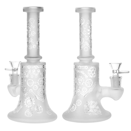 BIIGO Frosted Bell Poison Gears Water Pipes, 8.75" height, 14mm Female Joint, Dual Front View