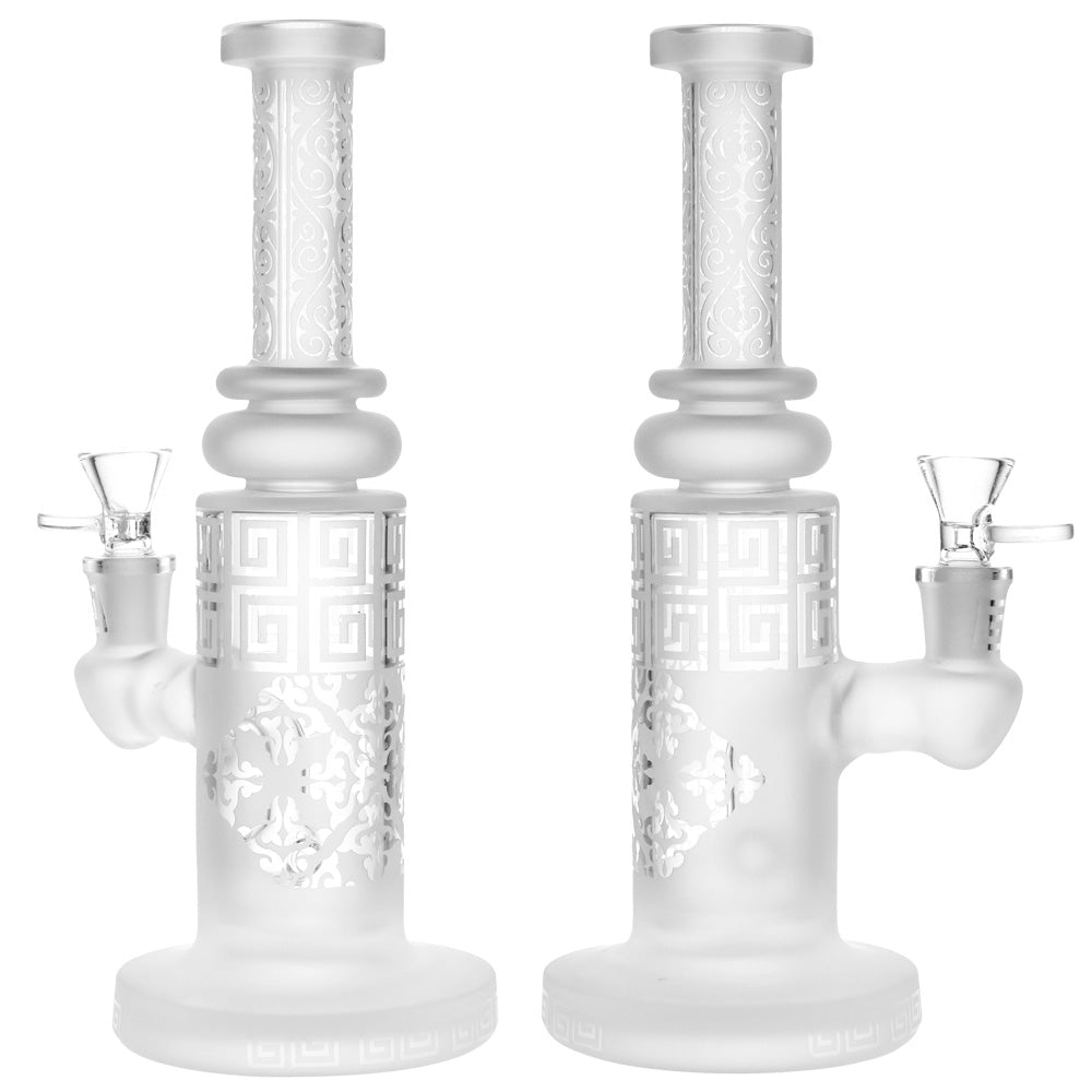 BIIGO Frosted Filigree Design Water Pipe, 10" height, 14mm male joint, Borosilicate glass, front and angle view