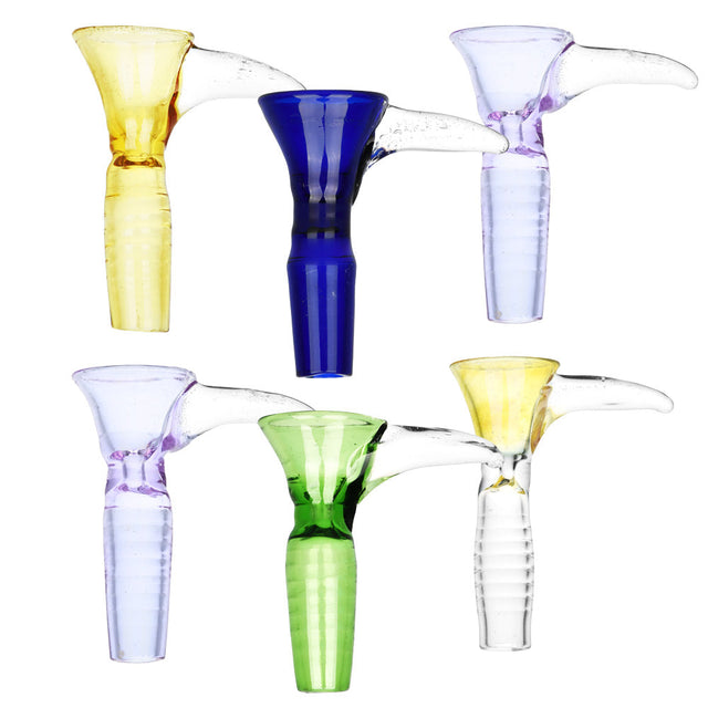 Assorted Bird Beak Herb Slides in 6 colors with 14mm male joint for dry herbs, front view