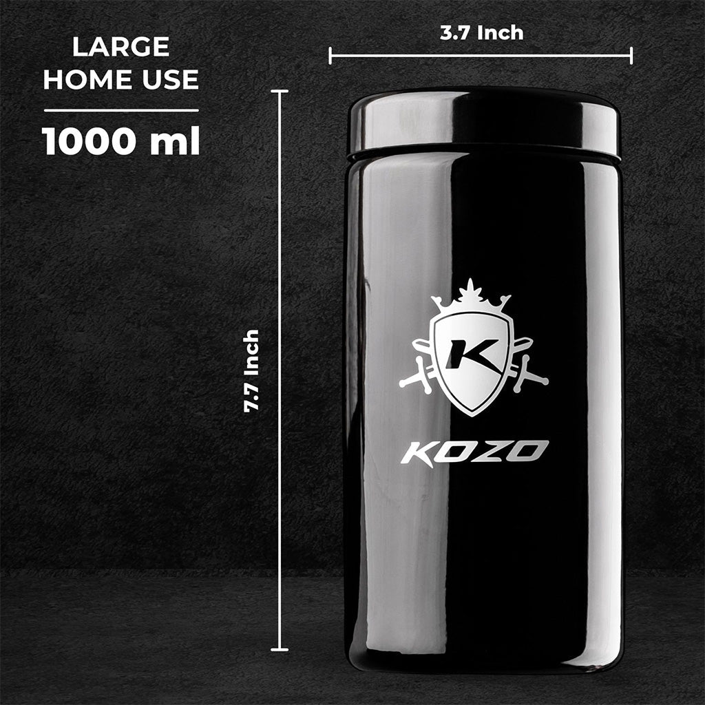 Kozo black UV glass storage jar in the 2 oz size with a 1000 ml large home use size dimension callout