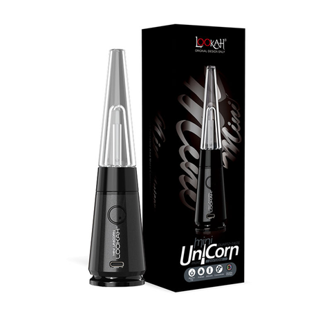 Lookah Mini Unicorn Vaporizer in Black with Transparent Glass Mouthpiece and Packaging