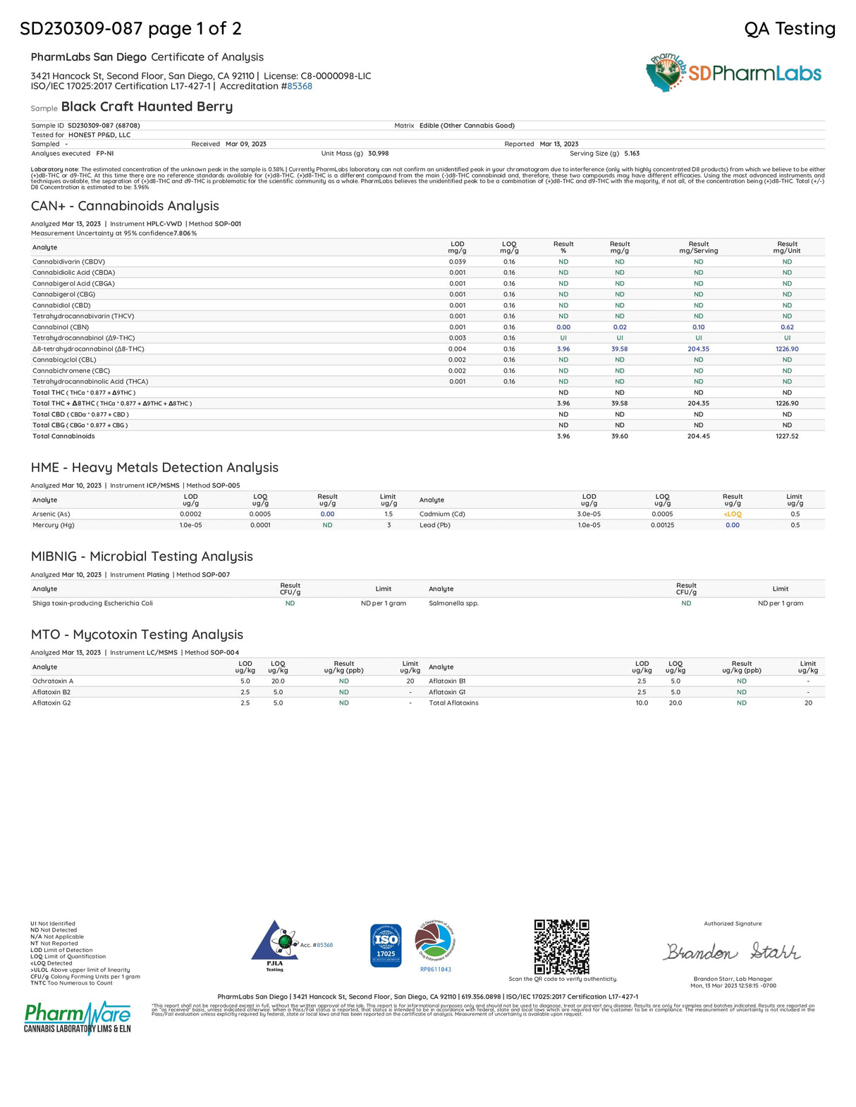 BlackCraft Extrax lab test results document showing cannabinoid and safety analysis.