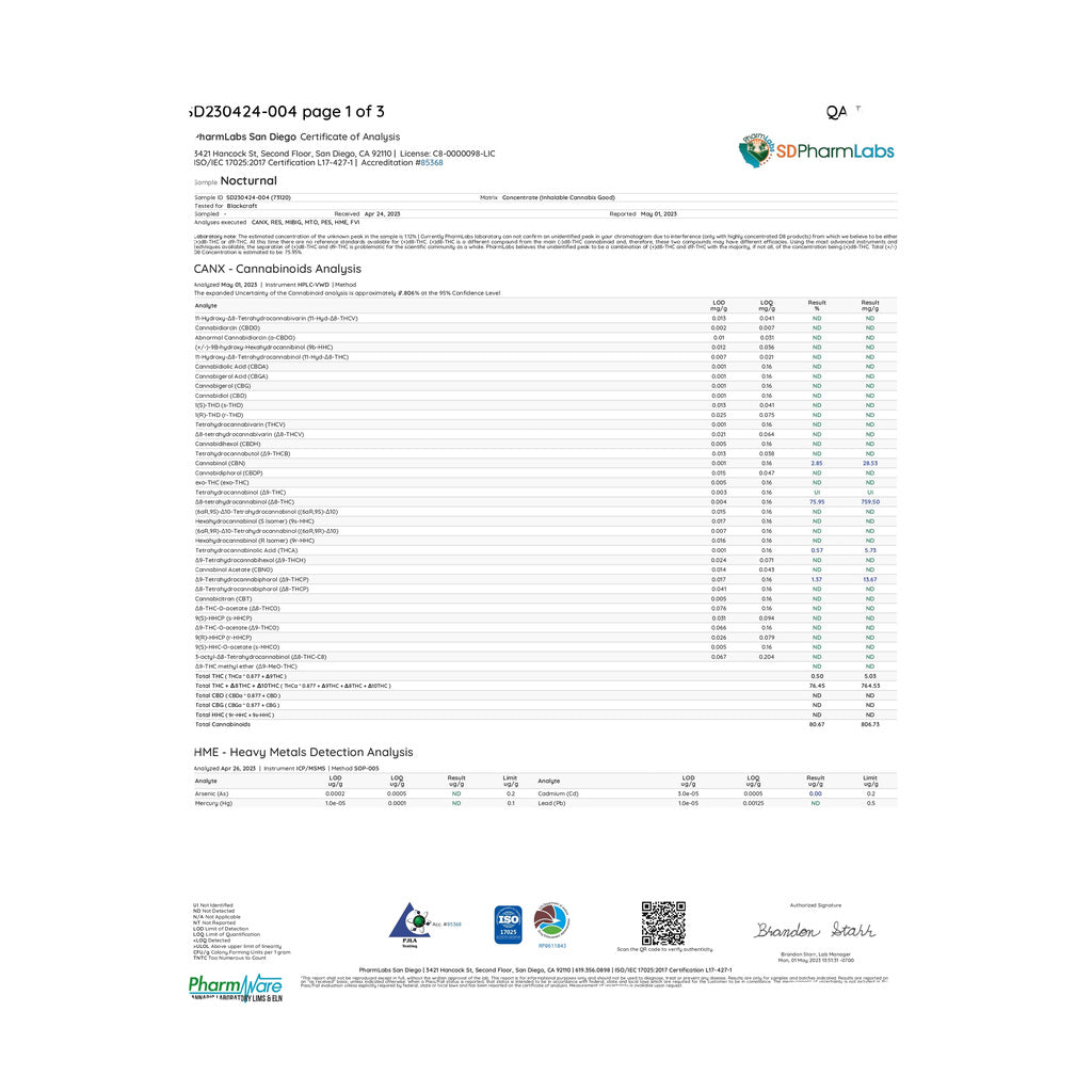 BlackCraft Extrax THCA D9P D8 Disposable lab analysis certificate front view