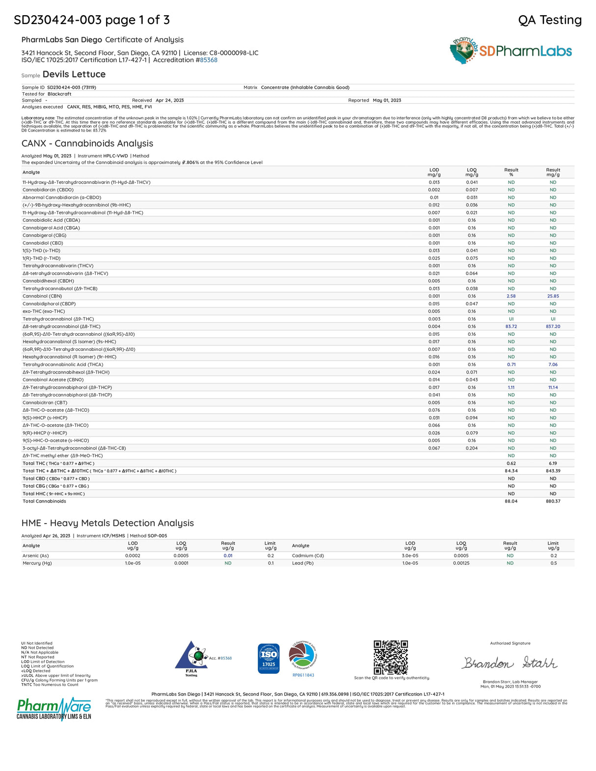 Certificate of Analysis for BlackCraft Extrax THCA D9P D8 Disposable Vaporizer