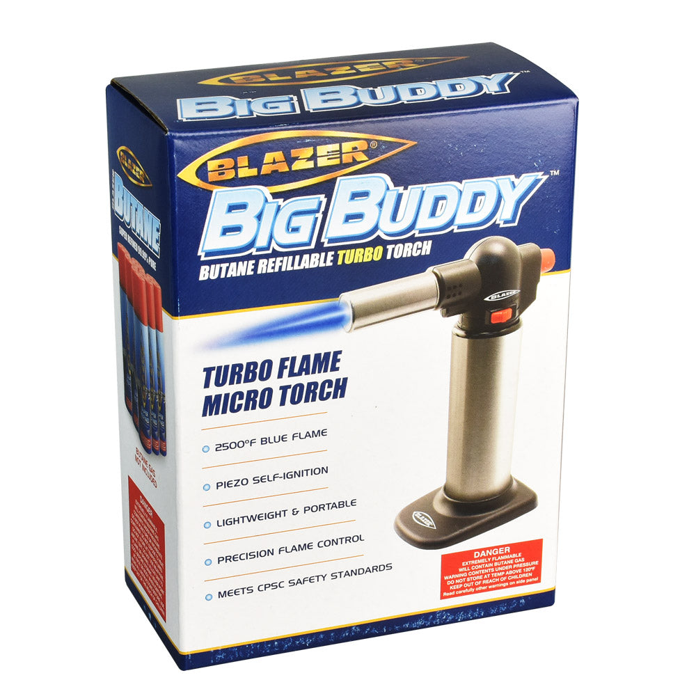 Blazer Big Buddy Torch Lighter in packaging, portable butane refillable turbo torch, front view
