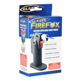 Blazer Firefox Butane Torch Lighter, 4.5" Portable with Blue Flame, Front View on Packaging