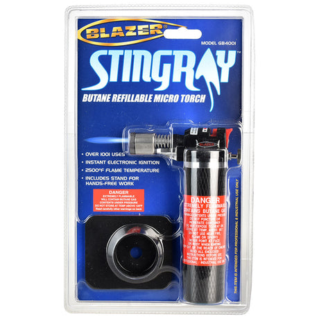 Blazer Stingray Torch Lighter in Black - Compact, Butane Refillable Micro Torch for Dab Rigs, Front View Packaging