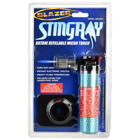 Blazer Stingray Torch Lighter in blue, medium size, portable design, displayed in packaging