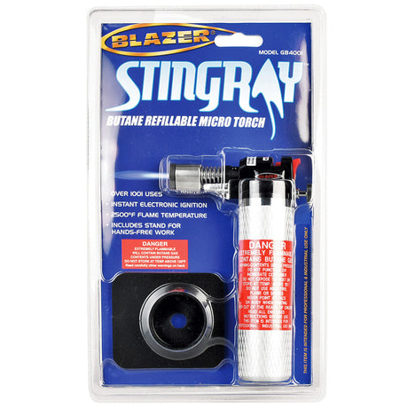 Blazer Stingray Torch Lighter in packaging, portable design, medium size, ideal for dab rigs, black color variant