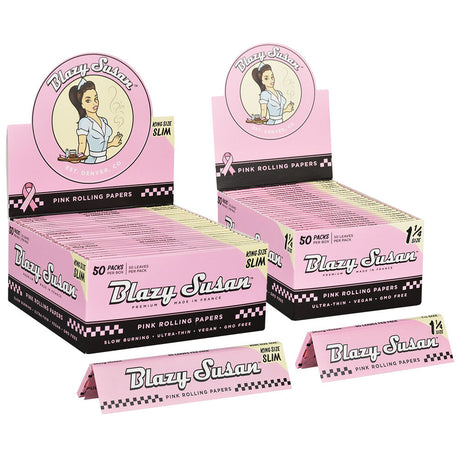 Blazy Susan Pink Rolling Papers 50pk display, front view, for dry herbs, made in France