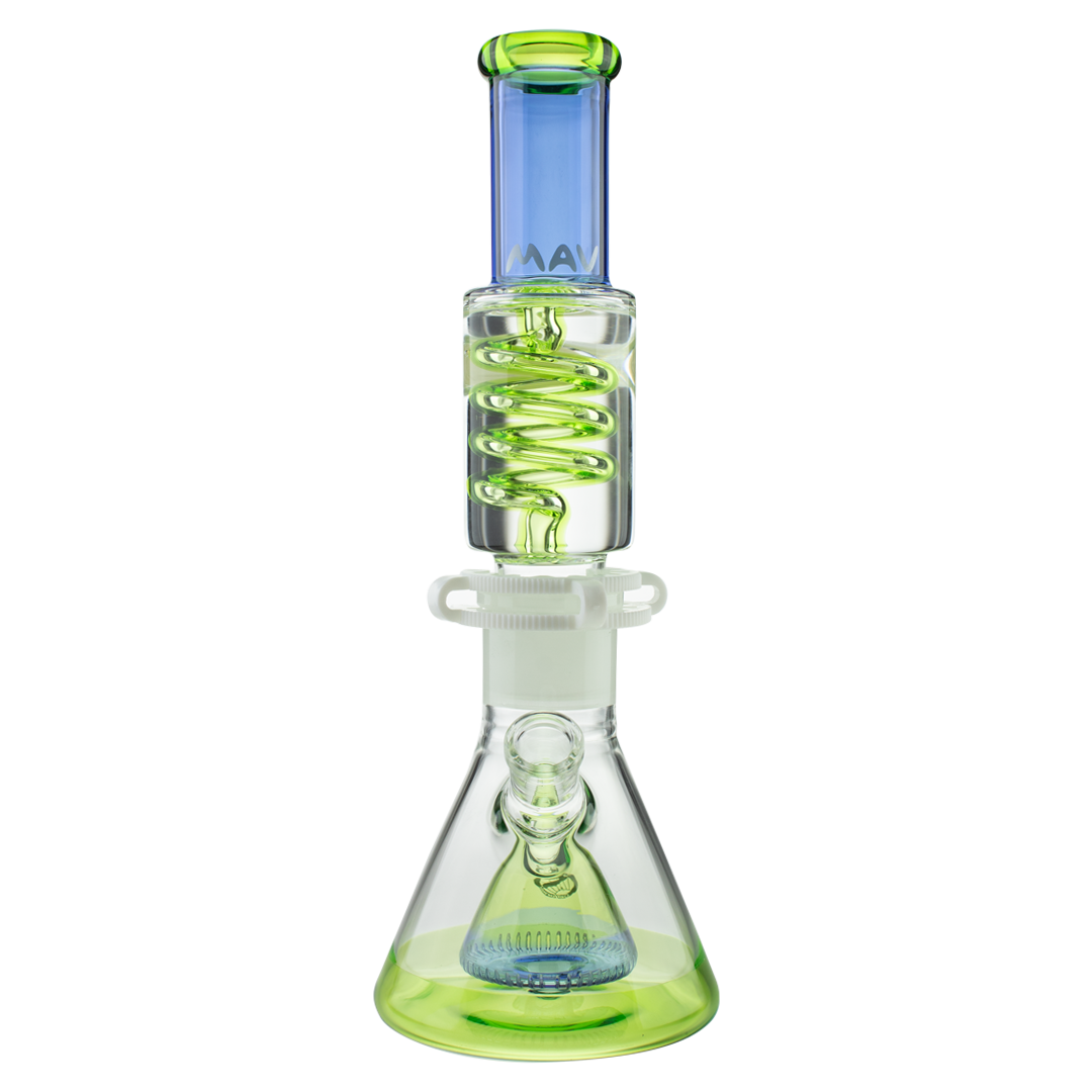 MAV Glass Blue and Ooze Pyramid Beaker with Freezable Coil, Front View on White Background