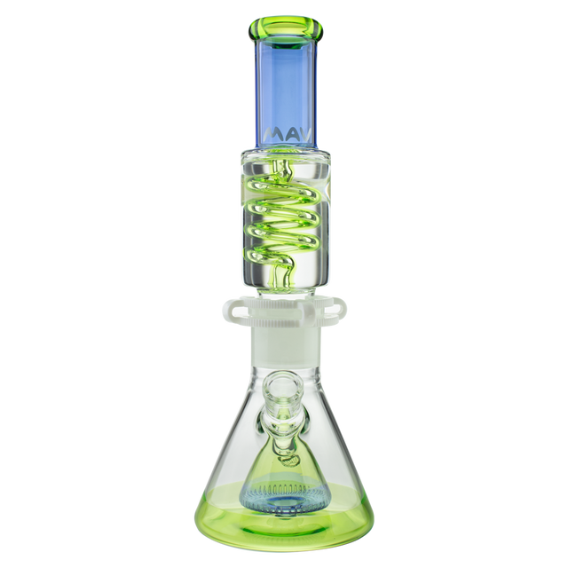 MAV Glass Blue and Ooze Pyramid Beaker with Freezable Coil, Front View on White Background