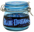 Blue Dream Strain Borosilicate Glass Jar with Closable Lid for Dry Herbs, Front View