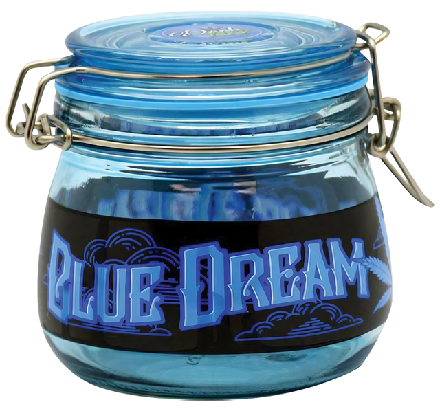 Blue Dream Strain Borosilicate Glass Jar with Closable Lid for Dry Herbs, Front View