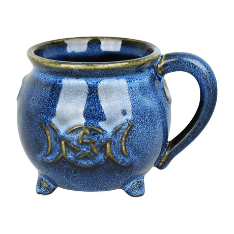15oz Blue Glazed Ceramic Mug with Embossed Pentagram Moon, Medium Size - Front View